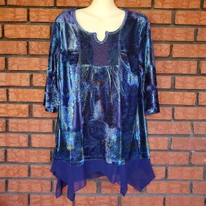 Unity World Wear Artsy Velvet Tunic Top Large Blue Asymmetric Fairy Whimsigoth